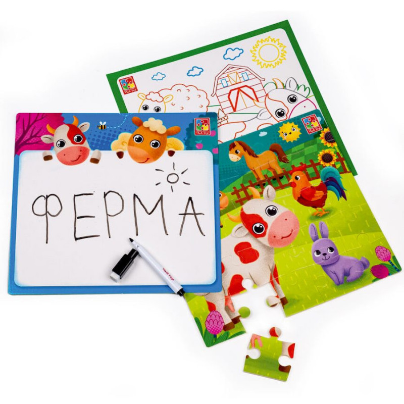 Розвиваючий набір 4 в 1 "Ферма" VT2002-01 пазл, розмальовка. Маркер