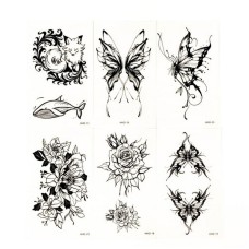 Набор временных тату "Бабочки и цветы №1" black-tattoo-mini-set-f01 из 6 черных по 9,5 х 5,5 см