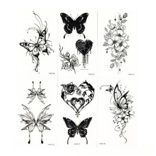 Набор детских временных тату "Бабочки и цветы №2" black-tattoo-mini-setfl02, 6 штук по 9,5*5,5 см