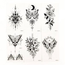 Набор детских временных тату "Бабочки и цветы №3" black-tattoo-mini-sfl03, 6 штук по 9,5*5,5 см