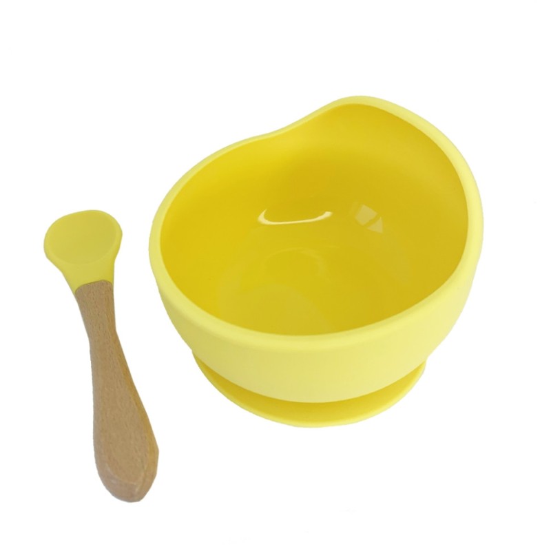 Силіконова тарілка на присосці з дерев'яною ложкою MGZ-0103(Yellow) 300 мл