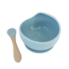 Силіконова тарілка на присосці з дерев'яною ложкою MGZ-0103(Grey) 300 мл