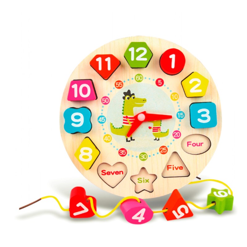 Дерев'яна іграшка Годинник MD 1894 цифри-рамка-вкладиш, шнурівка Крокодил