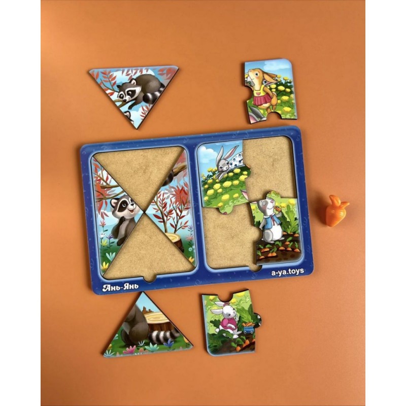 Дерев'яний пазл-вкладиш "Зайчики та єнотики" Ubumblebees (ПСД182) PSD182 в рамці