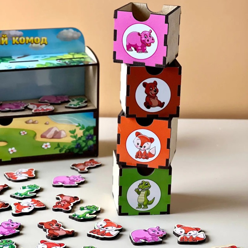 Дерев'яна настільна гра "Тварини" Ubumblebees (ПСД011) PSD011 сортер-комодик