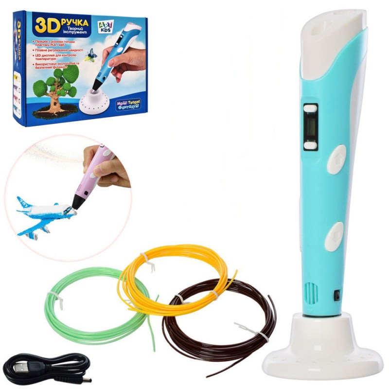 3D ручка з LED екраном AK0010, 19см, тип філаменту(пластик)-PLA, на акумуляторі, USB-шнур Бірюзовий