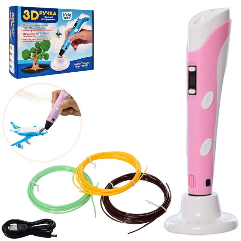 3D ручка з LED екраном AK0010, 19см, тип філаменту(пластик)-PLA, на акумуляторі, USB-шнур Рожевий