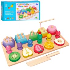 Деревянная игрушка многофункциональная доска "Гео-Фруктовая Рыбалка" MD 0856 геометрика, фрукты