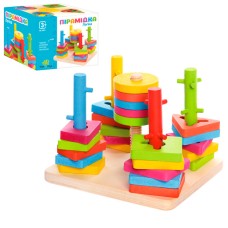 Деревянная игрушка Пирамидка-ключ MD 0061 14,5-14,5-10,5 см, фигуры 25 шт