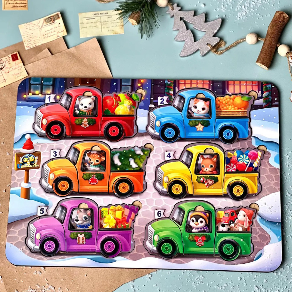 Деревянная игра с карточками "Животные на машинках" Ubumblebees (ПСФ132) PSF132, 42 детали и 12 карт — фото 3