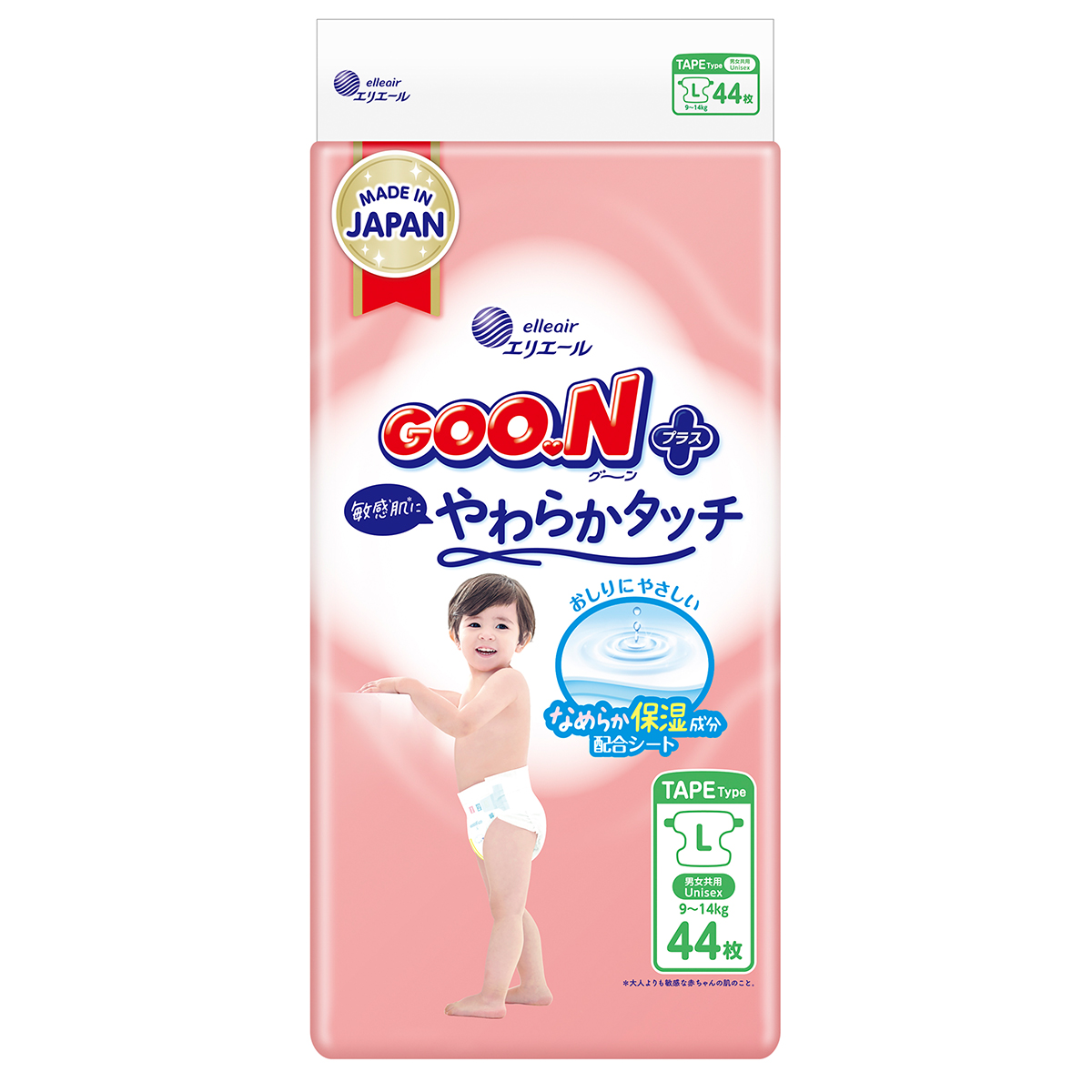 Підгузки Goo.N Plus для дітей 9-14 кг (розмір L, на липучках, унісекс, 44 шт)