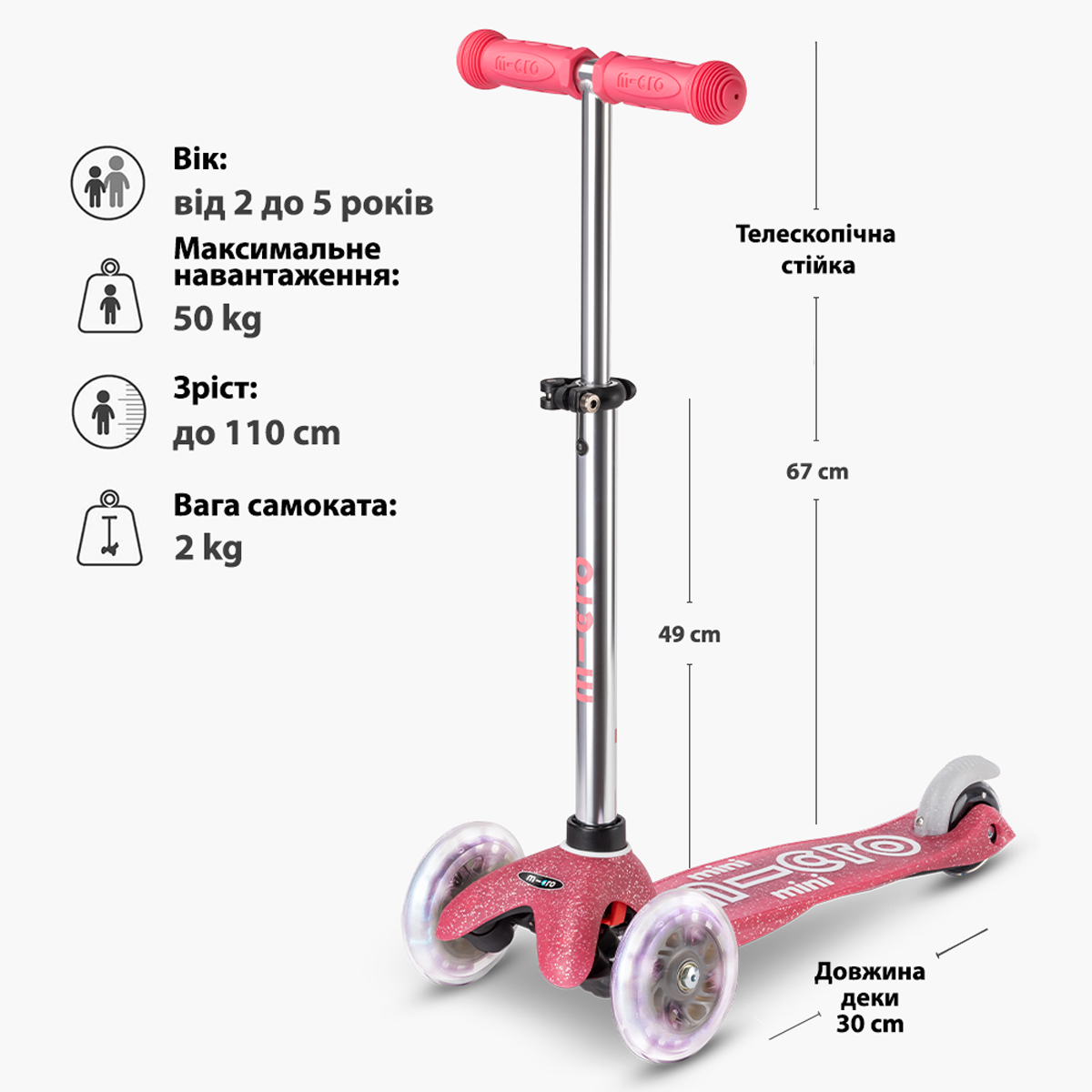 Самокат Micro серії "Mini Deluxe Fairy Glitter LED" – Рожевий (до 50 kg, 3-х колісний, світло) — фото 9