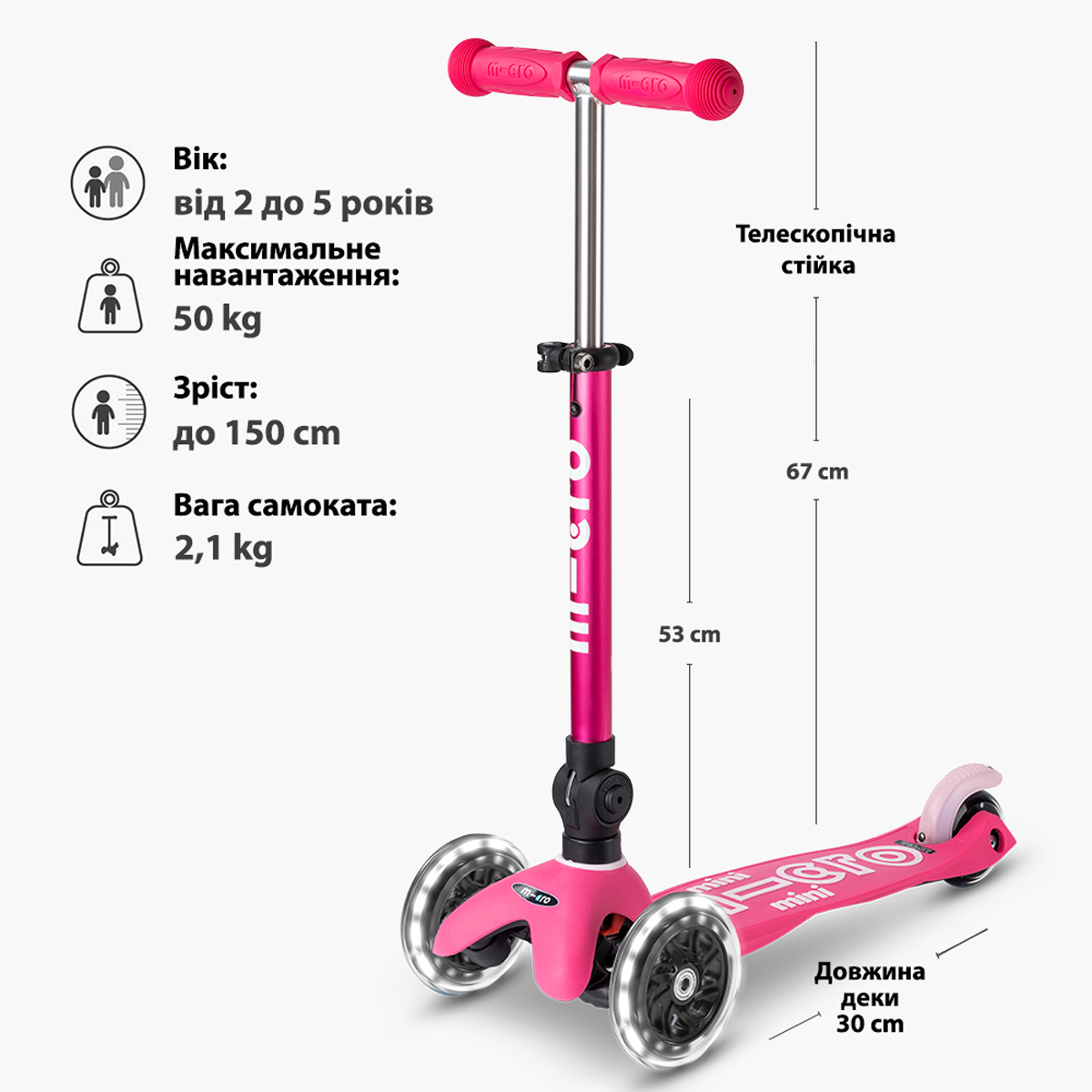 Самокат Micro серії "Mini Deluxe Foldable LED" – Рожевий (складаний, до 50 кг (kg), триколісний, світло) — фото 7