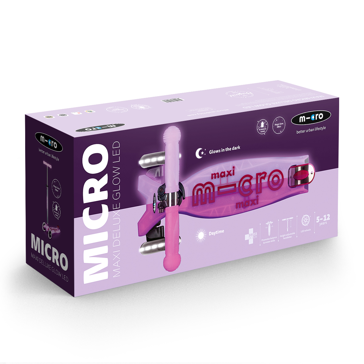 Самокат Micro серии "Maxi Deluxe Glow LED" - Сияюще-Пурпурный (до 50 kg, 3-х колесный, свет) — фото 3