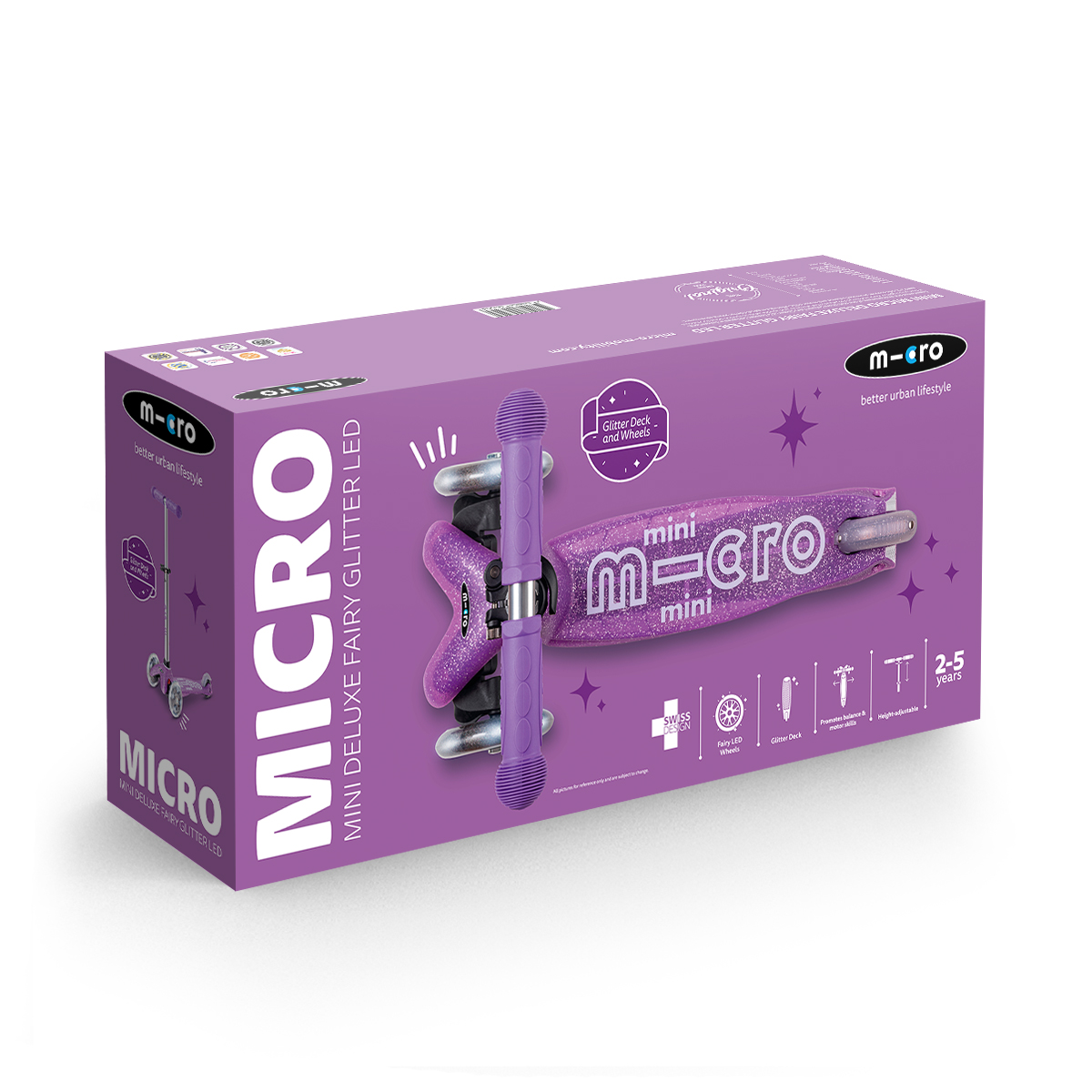 Самокат Micro серії "Mini Deluxe Fairy Glitter LED" – Пурпуровий (до 50 kg, 3-х колісний, світло) — фото 3