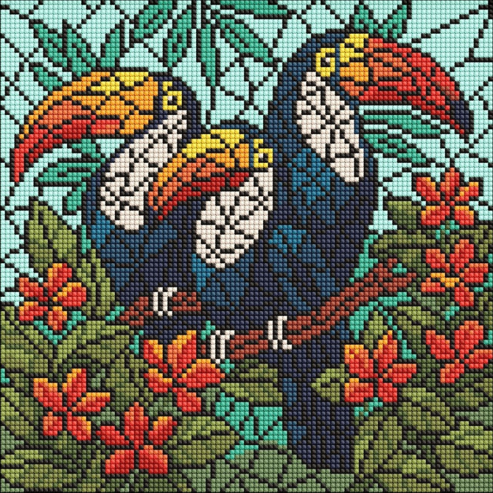 Алмазна мозаїка "Вітраж. Тріо туканів" ©art_selena_ua AMO8345, 30х30 см