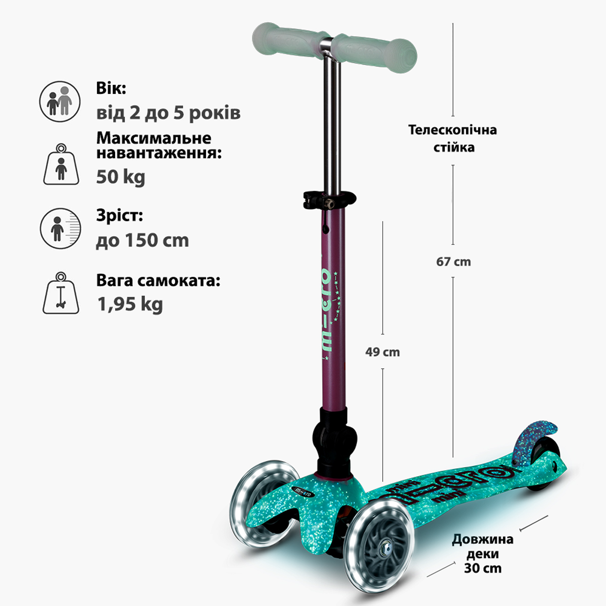 Самокат Micro серії "Mini Deluxe Foldable Orion Glow LED" – Рожевий (складаний, до 50 кг (kg), триколісний) — фото 9
