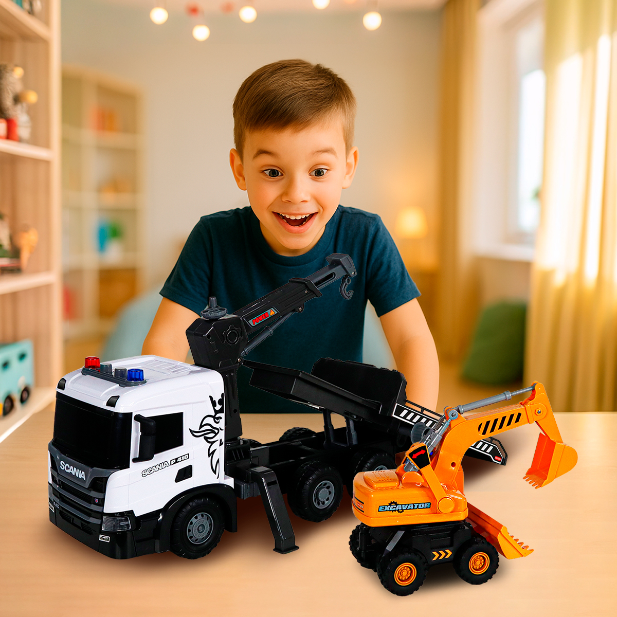 Игровой набор серии "Super Big Truck" – Автокран Scania с Экскаватором (свет, звук) — фото 14