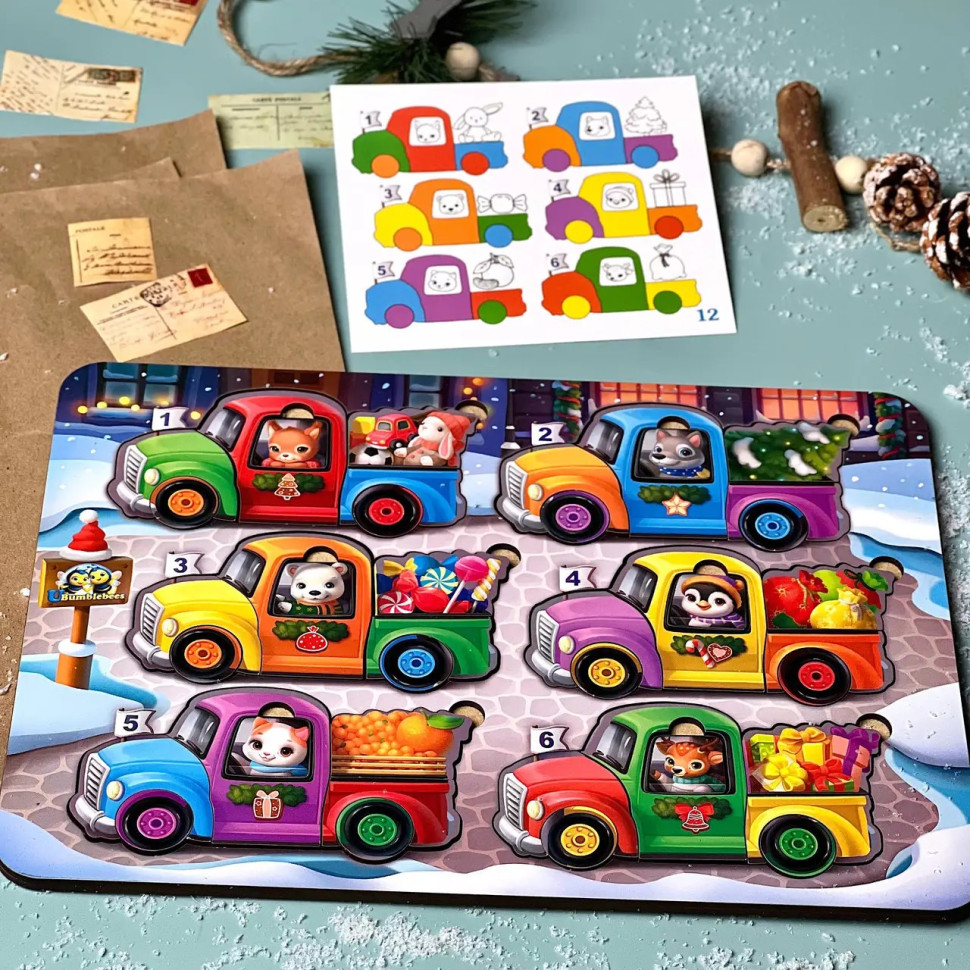 Деревянная игра с карточками "Животные на машинках" Ubumblebees (ПСФ132) PSF132, 42 детали и 12 карт — фото 7