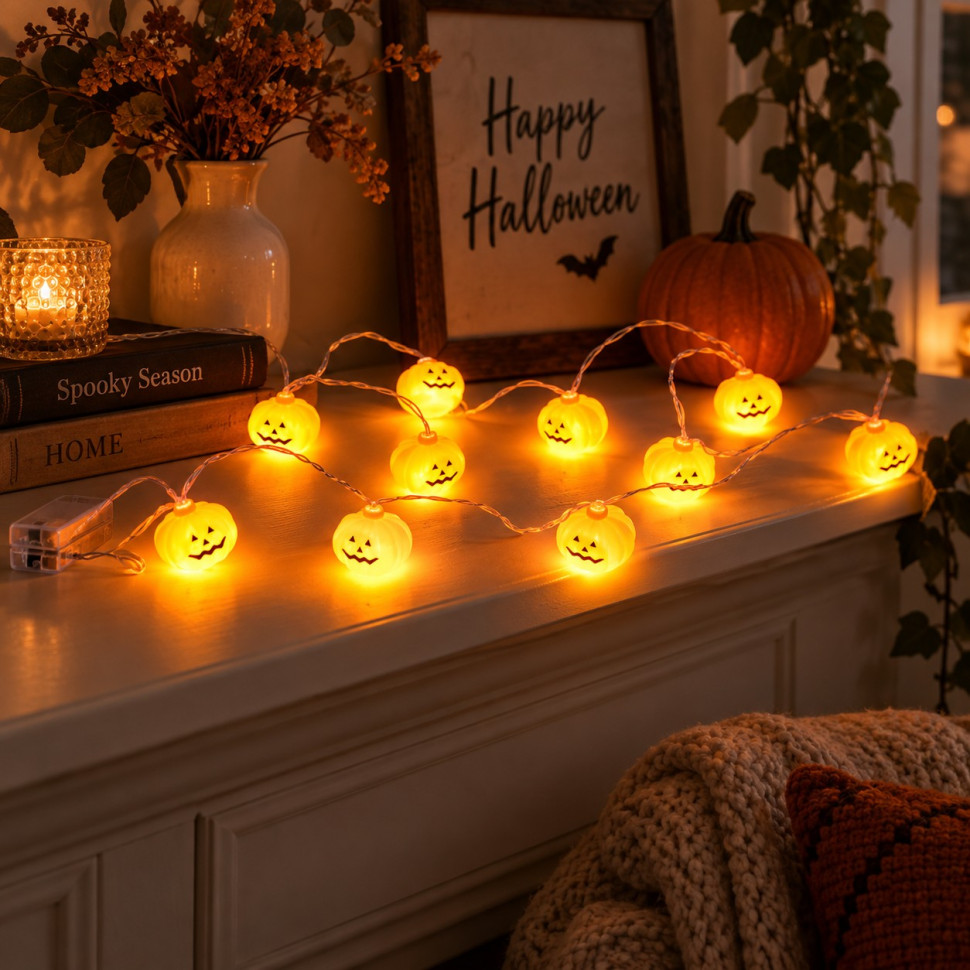 Декоративна гірлянда Гарбуз Halloween MK 5758 на батарейках, 160 см, гарбуза 10 шт (4,5см) — фото 3