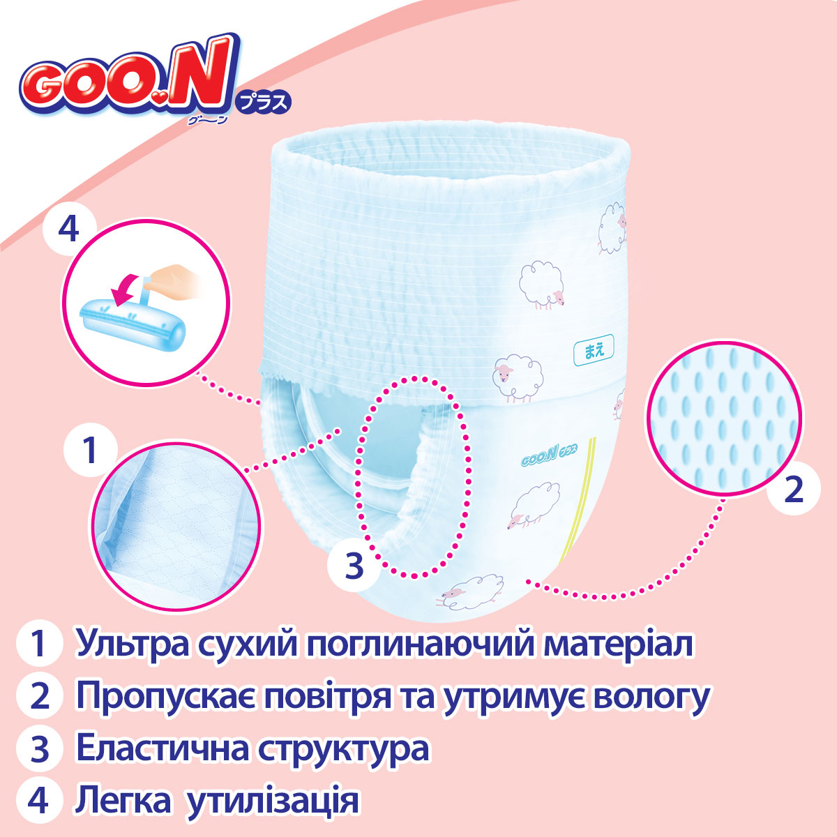 Трусики-підгузки Goo.N Plus для дітей 12-22 кг (розмір XL, унісекс, 38 шт) — фото 10