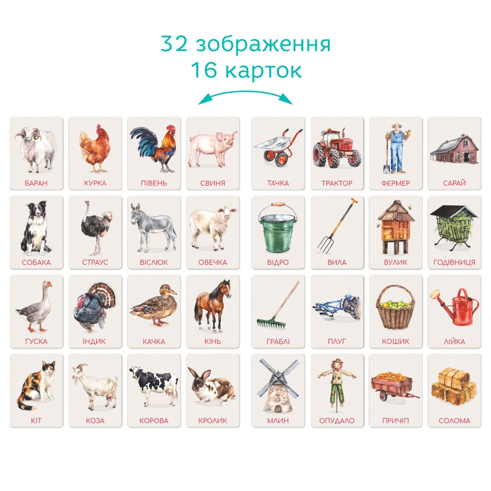 Дитячий набір навчальних карток Монтессорі "Ферма" 301233, 32 зображення — фото 4