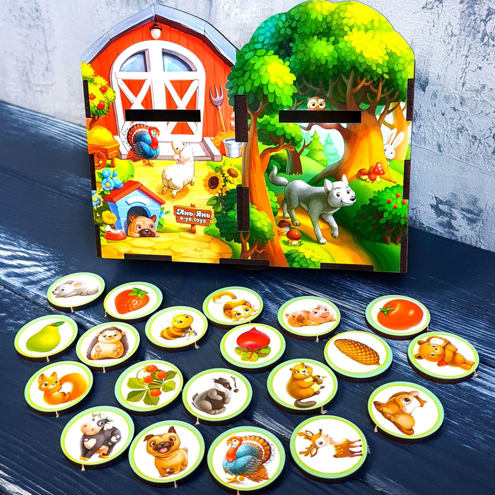 Деревянная настольная игра "Дикие и домашние животные" Ubumblebees (ПСФ021) PSF021 сортер-комодик — фото 3