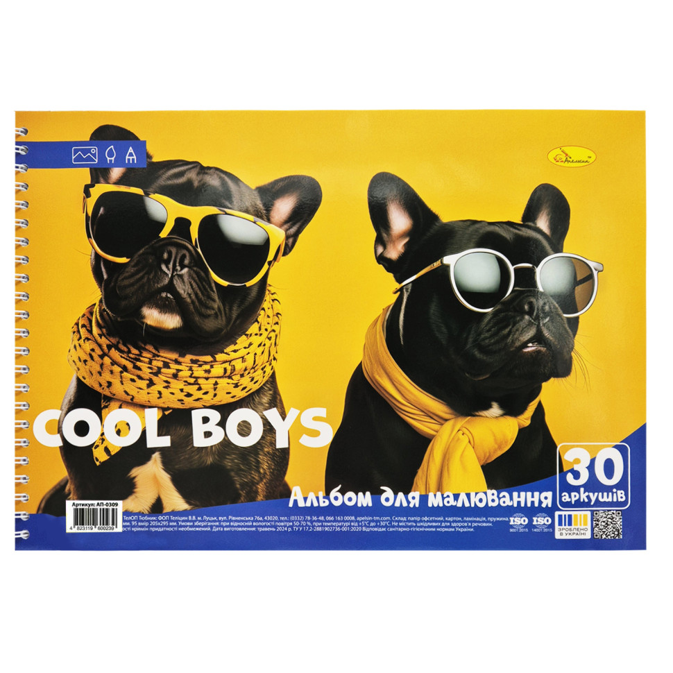 Альбом для малювання "Cool boys" АП-0309-5, 30 аркушів, пружина