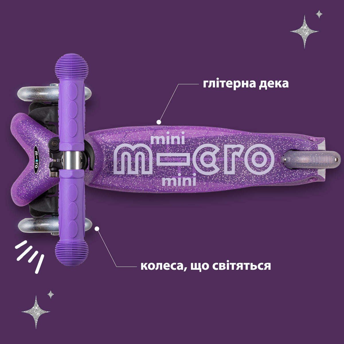 Самокат Micro серії "Mini Deluxe Fairy Glitter LED" – Пурпуровий (до 50 kg, 3-х колісний, світло) — фото 7