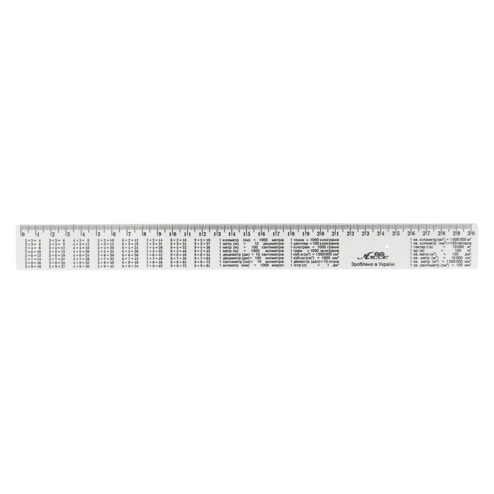 Лінійка з табличкою множення AS-0612, К-9052 білий, пластикова, 30 см