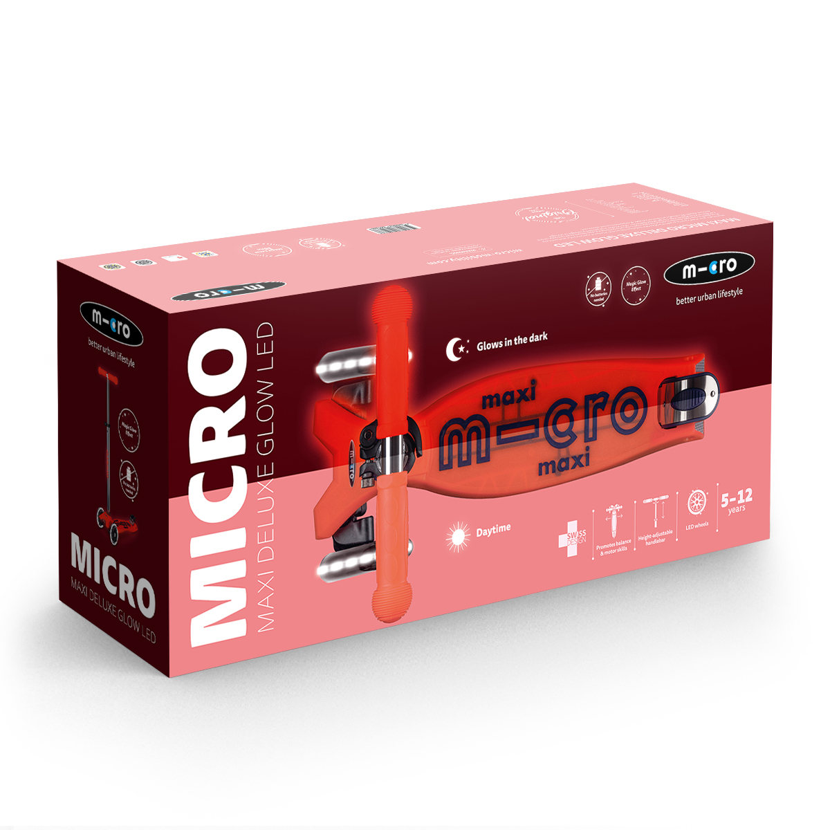 Самокат Micro серії "Maxi Deluxe Glow LED" – Червона Аура (до 50 kg, 3-х колісний, світло) — фото 3