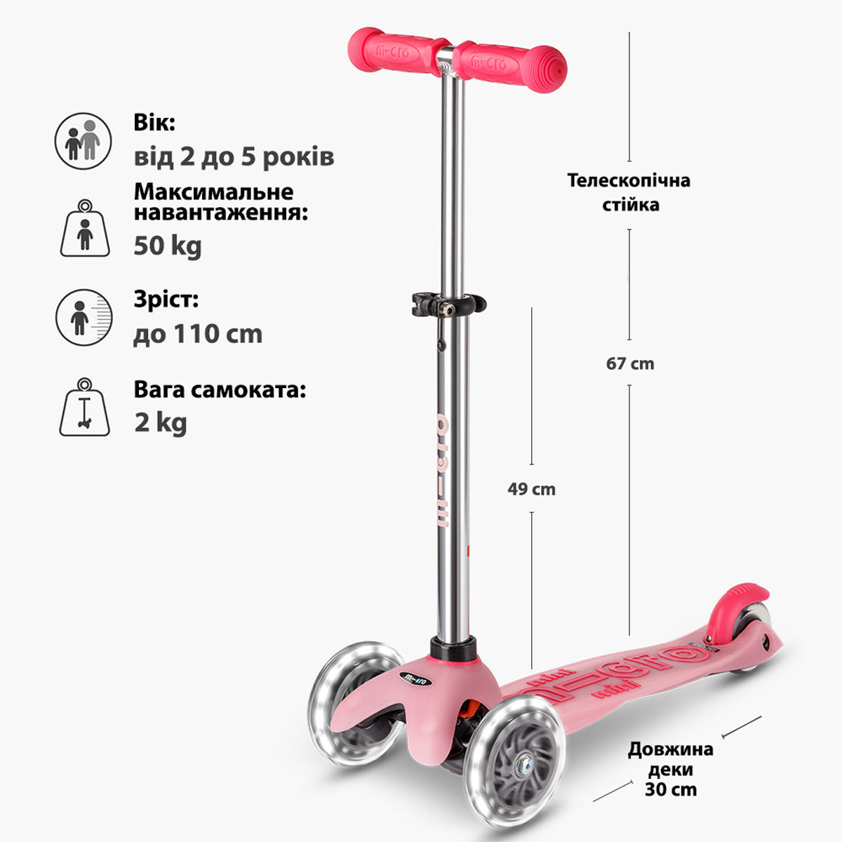 Самокат Micro серії "Mini Deluxe Glow LED" – Морозний Рожевий (до 50 kg, 3-х колісний, світло) — фото 9