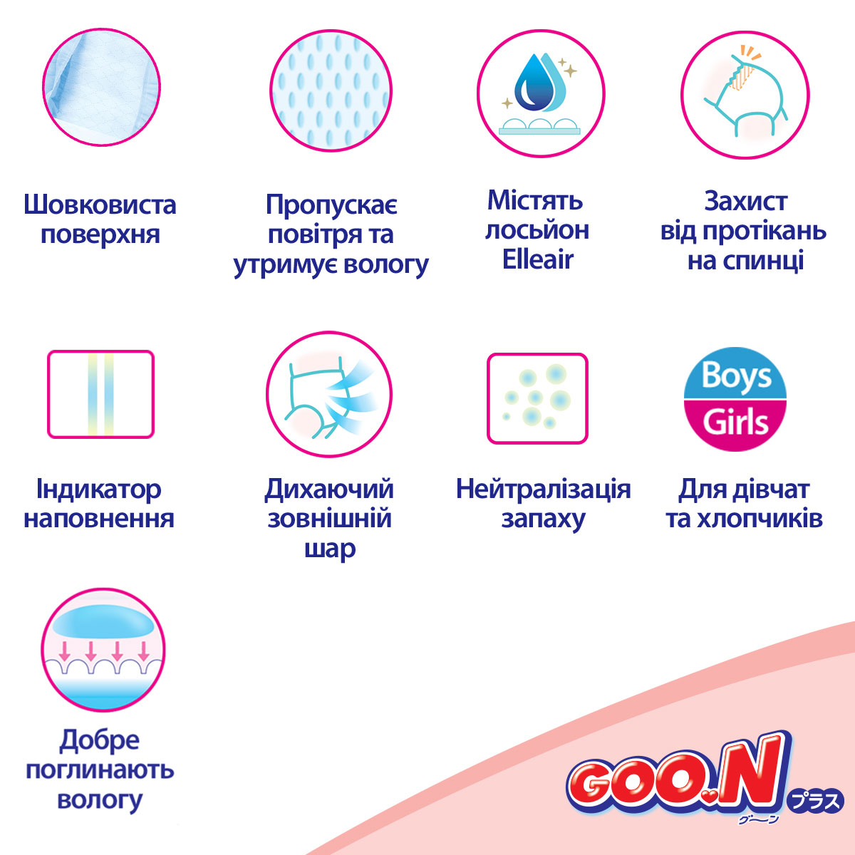 Підгузки Goo.N Plus для дітей 9-14 кг (розмір L, на липучках, унісекс, 44 шт) — фото 3