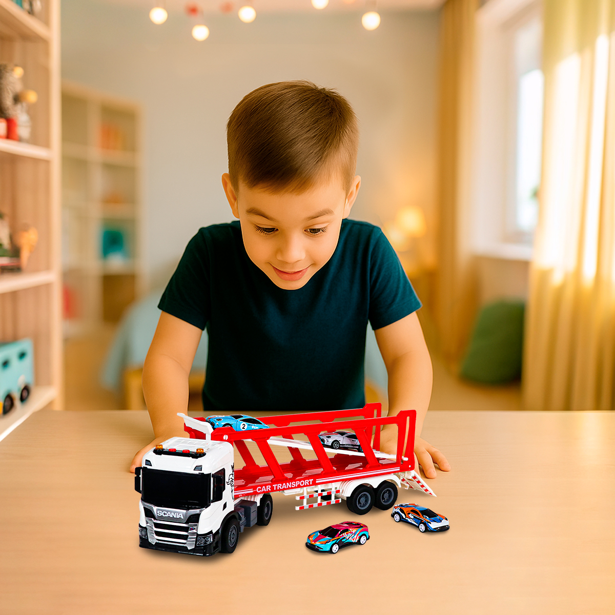 Игровой набор серии "Large Truck" – Автоперевозчик Scania (автоперевозчик, 4 машины, свет, звук) — фото 14